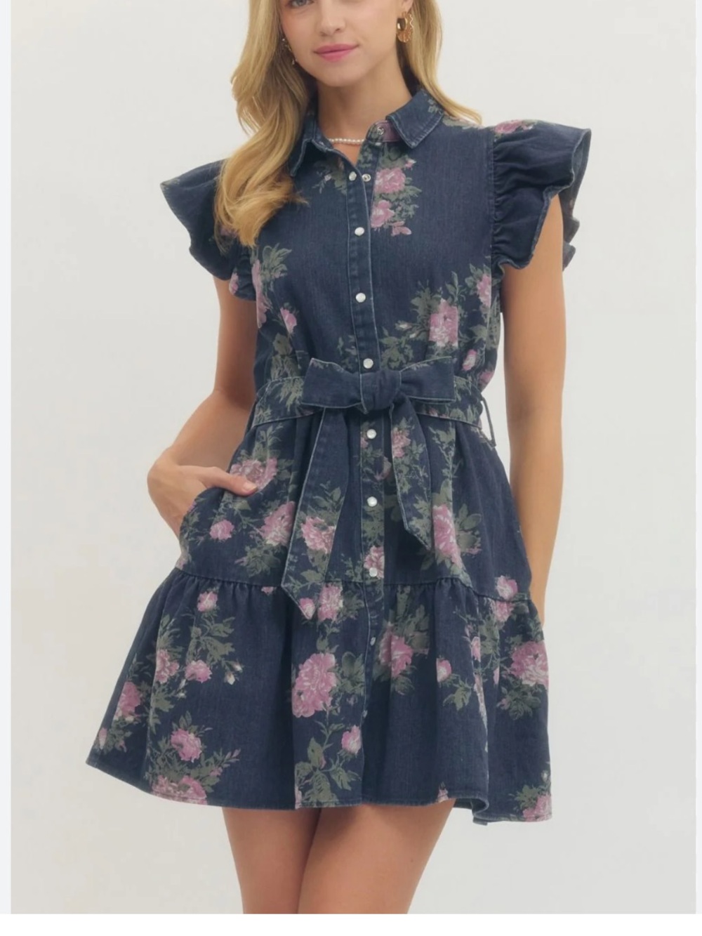 New Floral Flutter Ruffle-Sleeve Bow Tie Waist Denim Dress